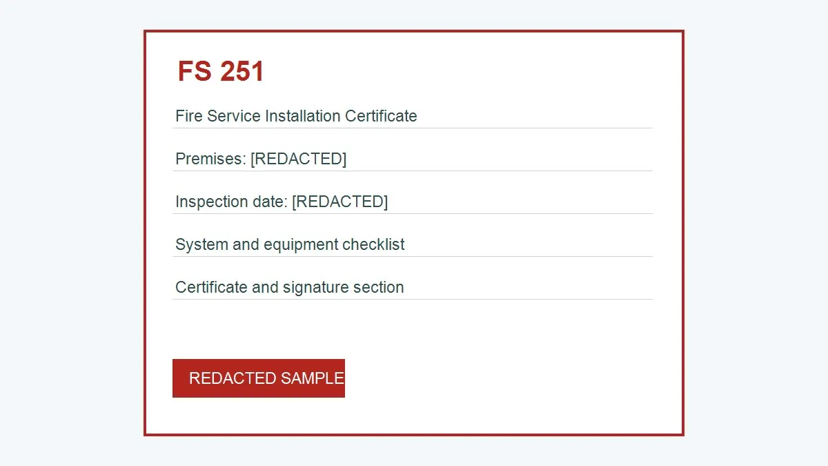 FS251 消防裝置及設備證書格式示意圖